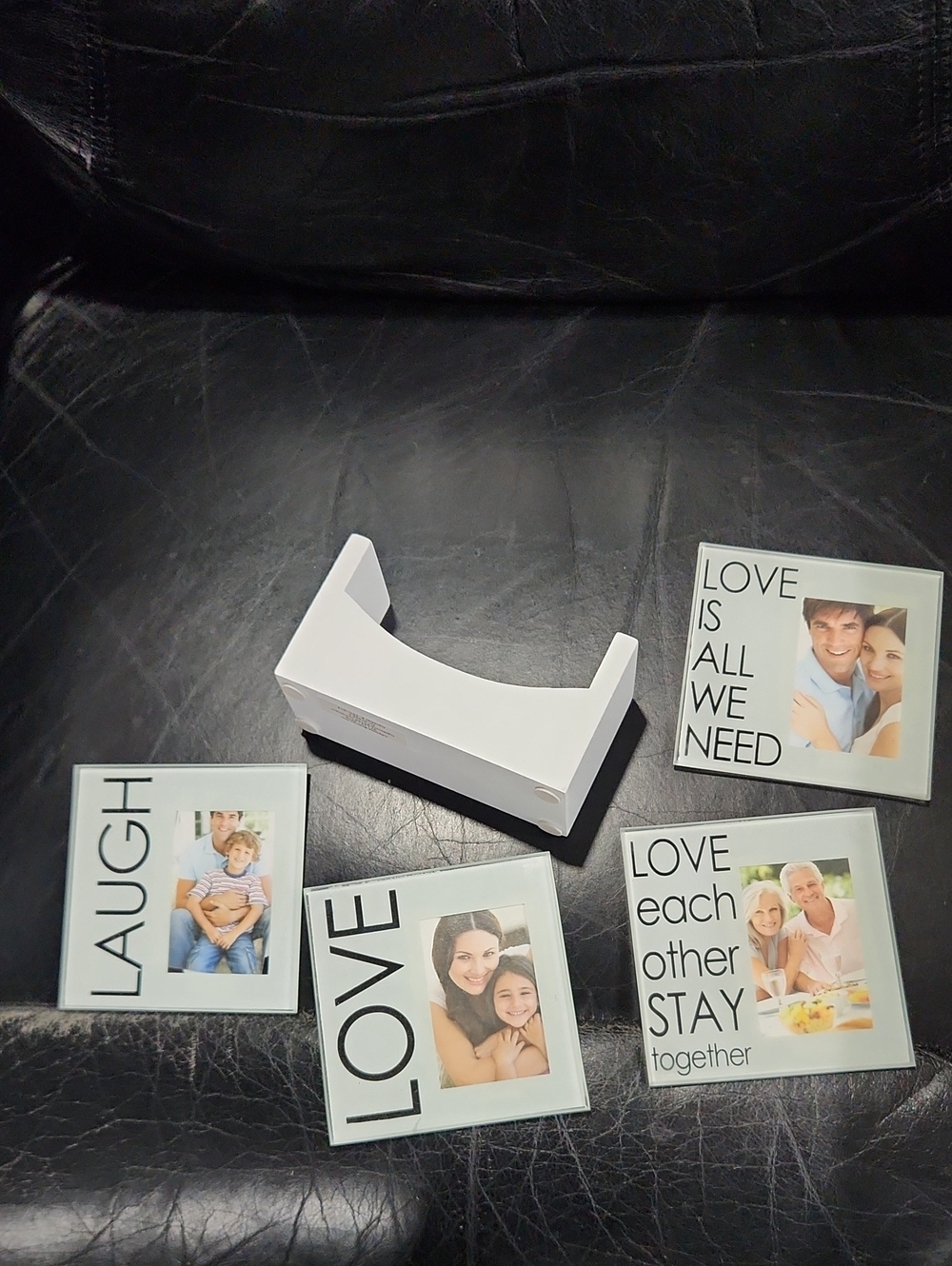 Glass Photo Coaster Set with Inspirational Words - White